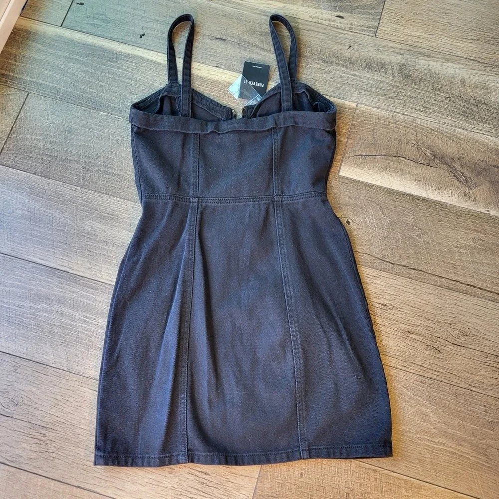 Forever 21 Black Denim Zip Up Mini Dress O-Ring Sweetheart Neckline Medium NWT
